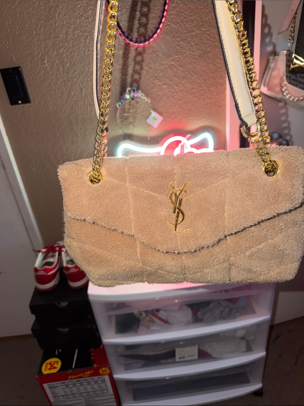 Yves Saint Laurent Beige Shearling Shoulder Bag with Gold Chain